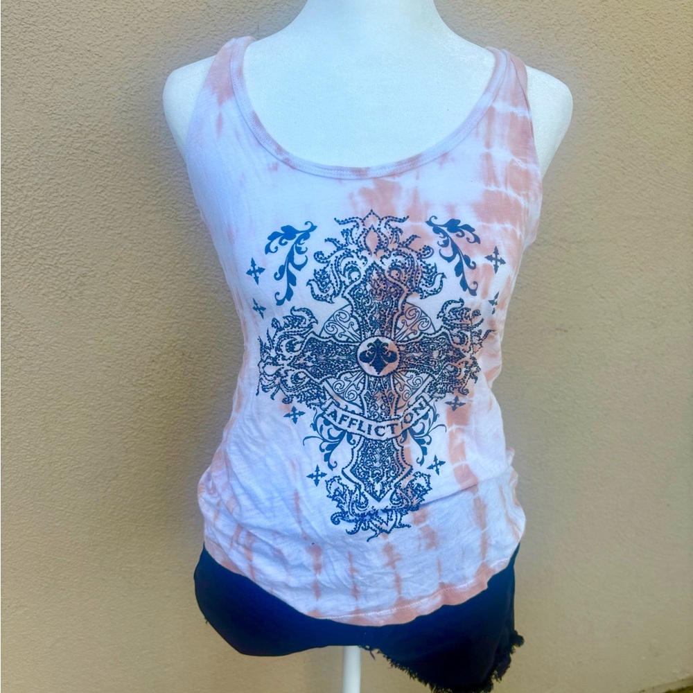 Affliction Pink and White Graphic Fitted Tank Top